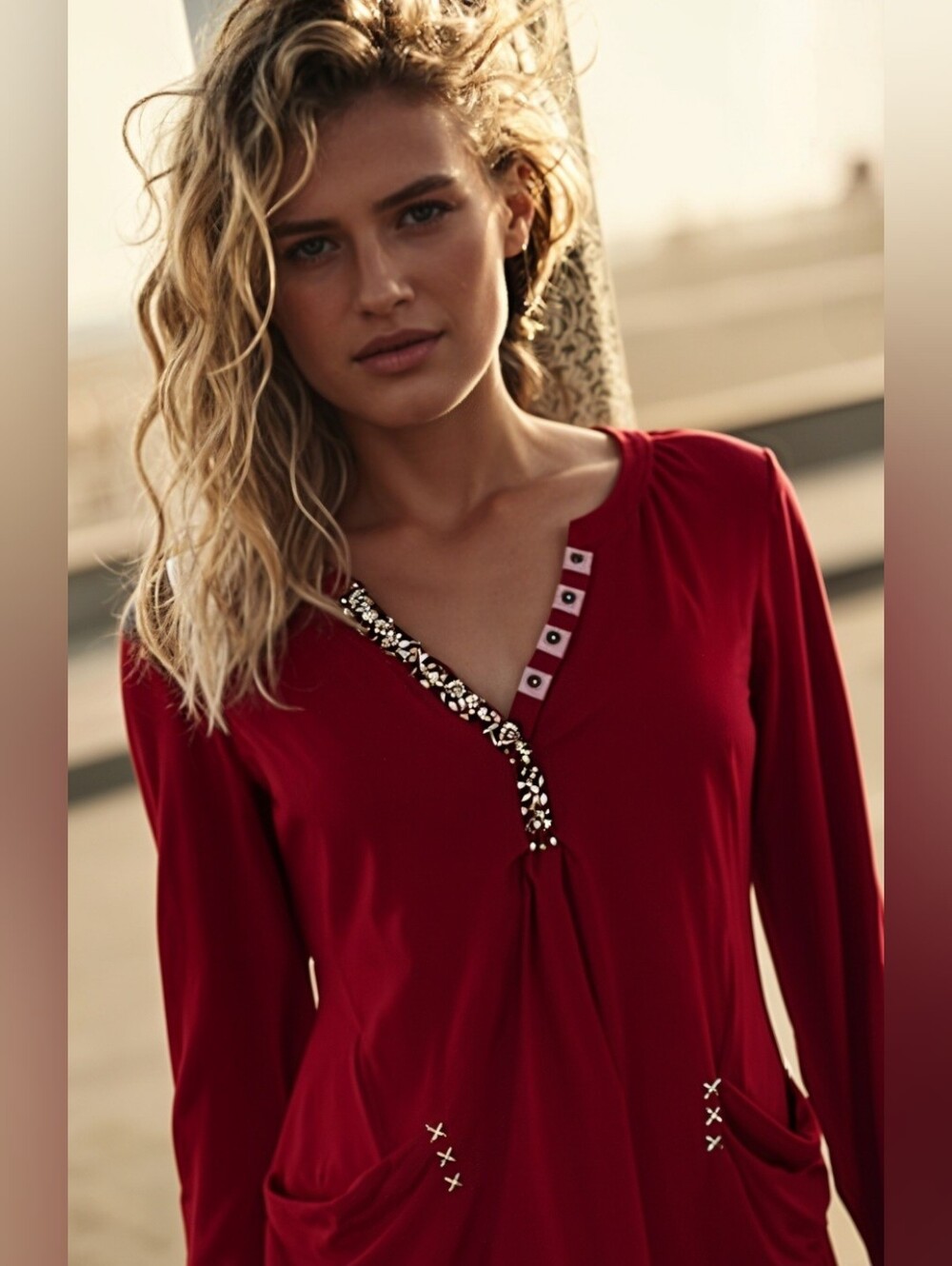 Anthropologie Little Yellow Button Red Embroidered Henley Top